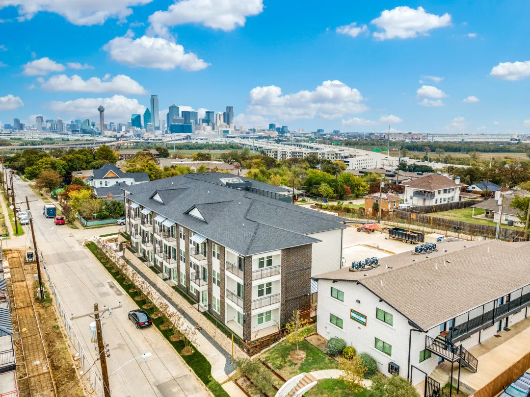 Aerial view of the community with the downtown Dallas skyline on the horizon