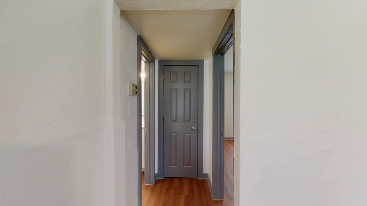 Interior unit hallway with a gray six-panel door, gray trim, and wood-look flooring