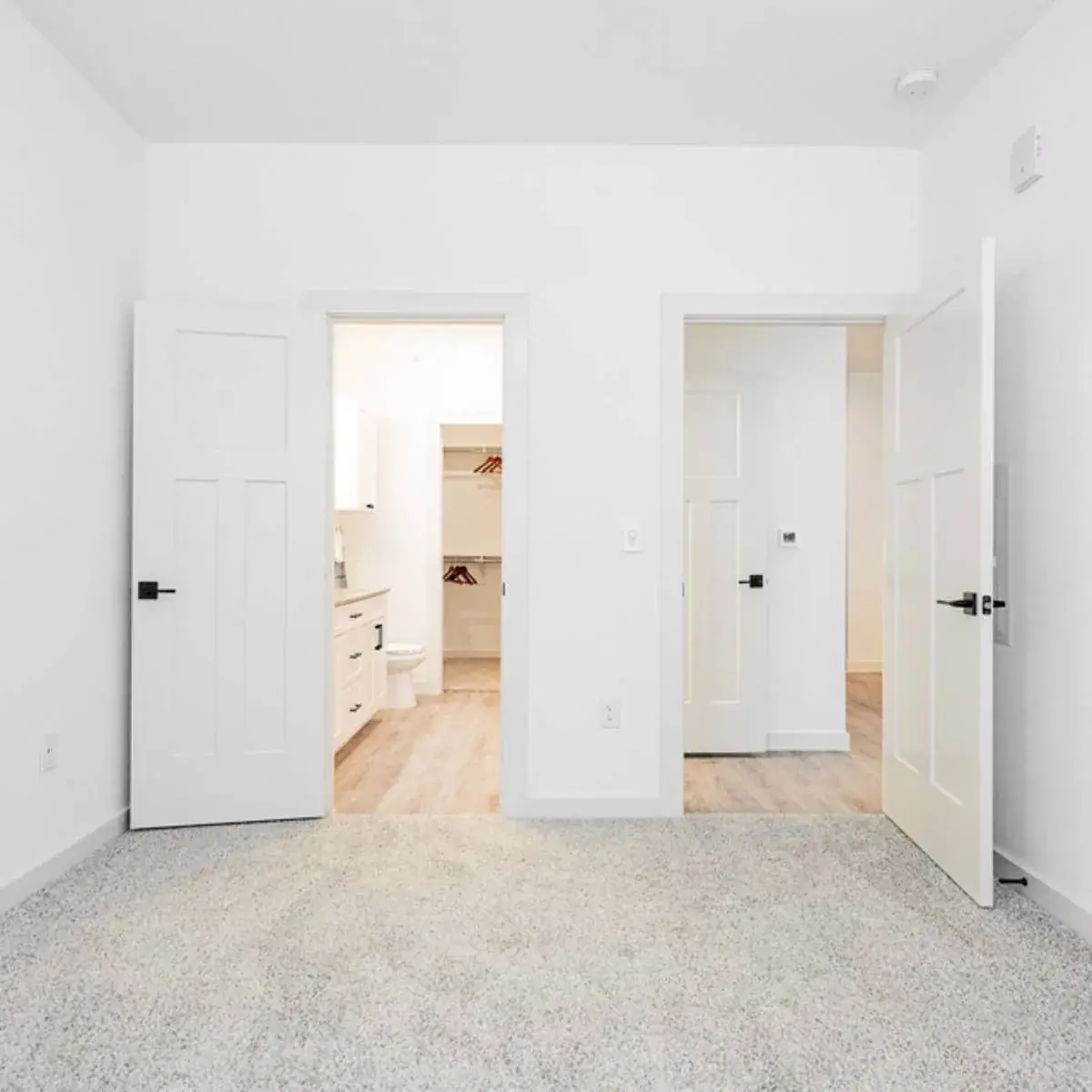 Bedroom with speckled carpet and doors open to the en-suite bath, walk-in closet racks and hallway