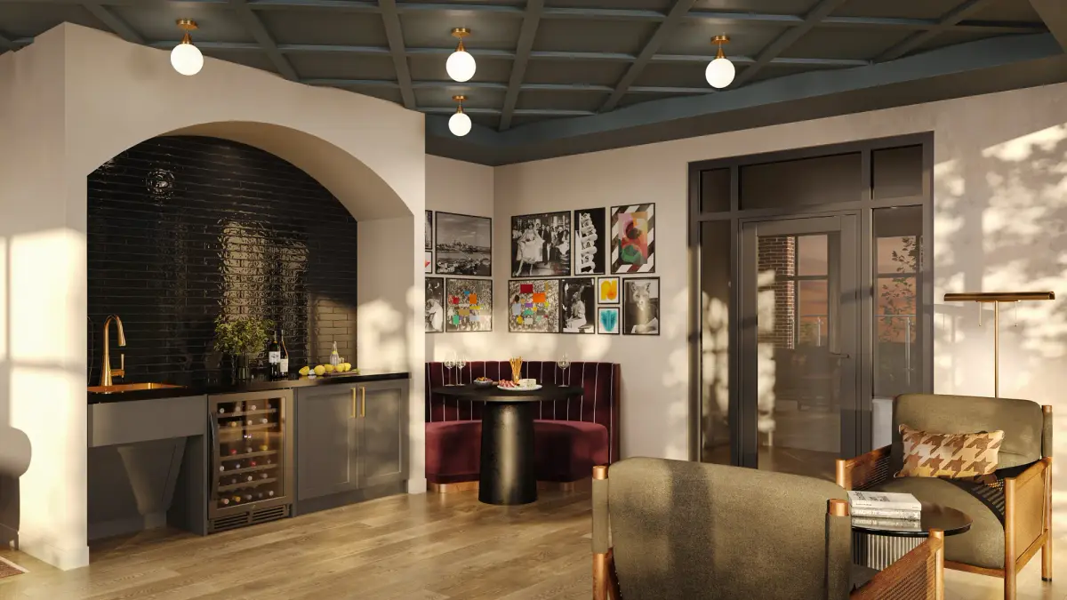 Lounge bar nook with glossy black tile, brass faucet, wine fridge, and a burgundy banquette under a gallery wall