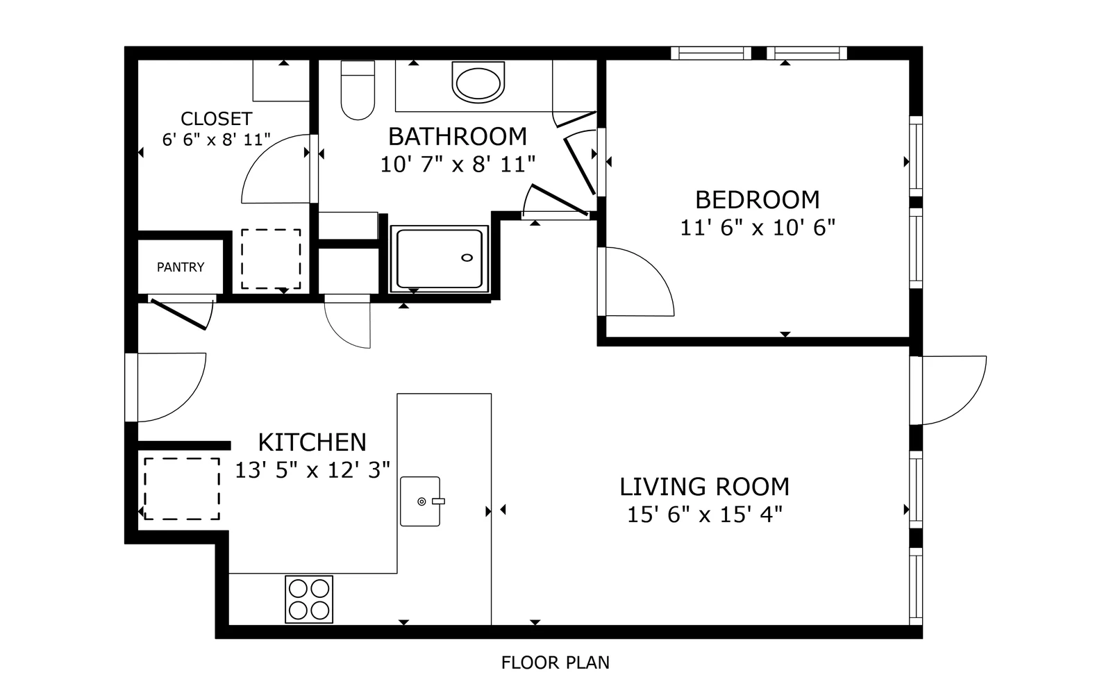 Floor plan of the A1 one bedroom, measured off the finished home, with room labels and dimensions