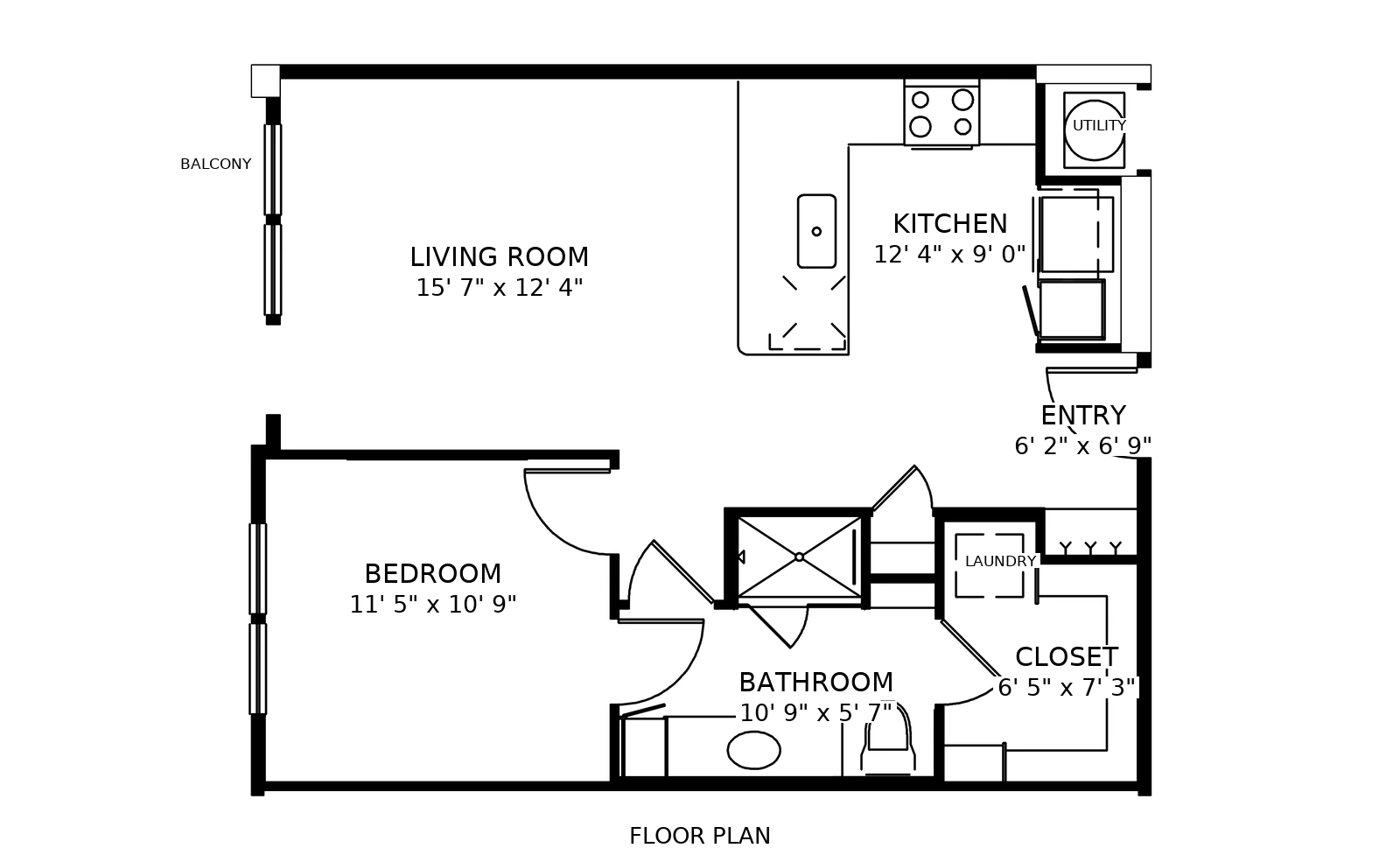 Floor plan of the A3 one bedroom: rooms, doors, windows and fixtures, with the clear dimensions of every room