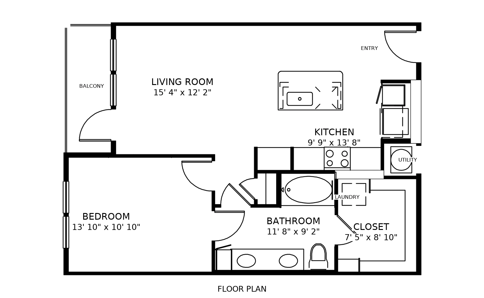 Floor plan of the A4 one bedroom: rooms, doors, windows and fixtures, with the clear dimensions of every room