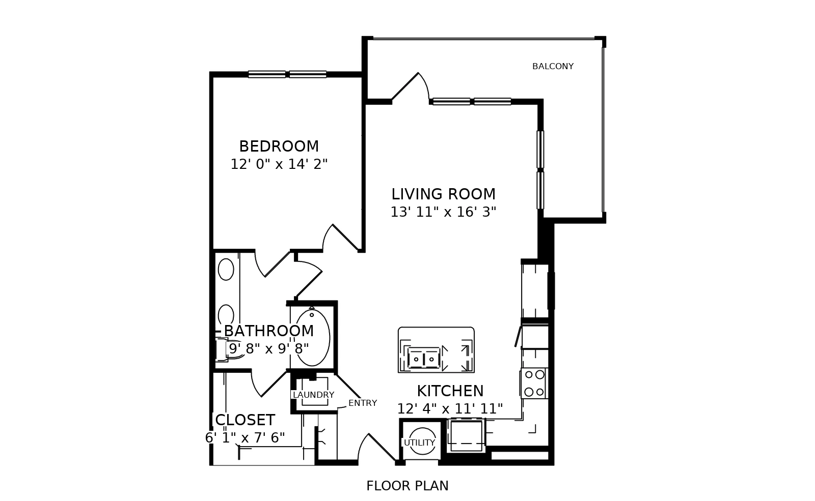 Floor plan of the A5 one bedroom: rooms, doors, windows and fixtures, with the clear dimensions of every room