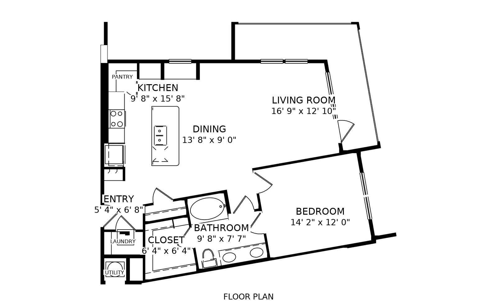 Floor plan of the A6 one bedroom: rooms, doors, windows and fixtures, with the clear dimensions of every room