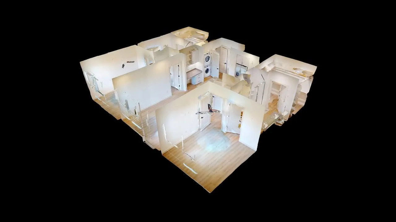 Cut-away dollhouse view of the whole B1 two bedroom plan
