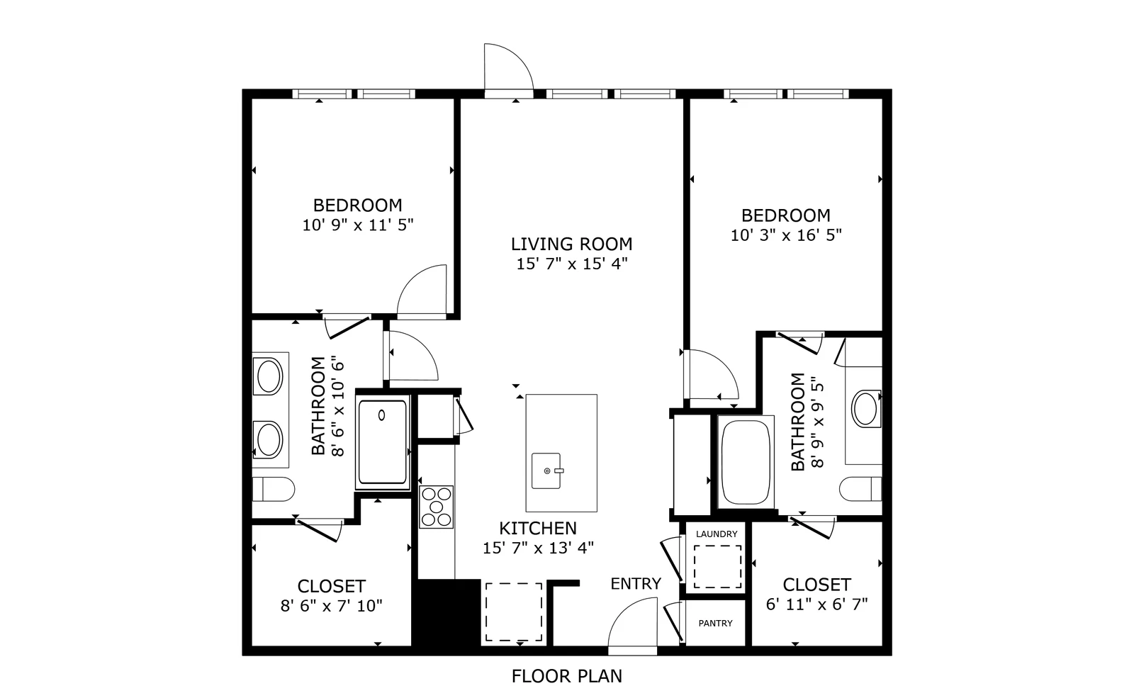 Floor plan of the B1 two bedroom, measured off the finished home, with room labels and dimensions
