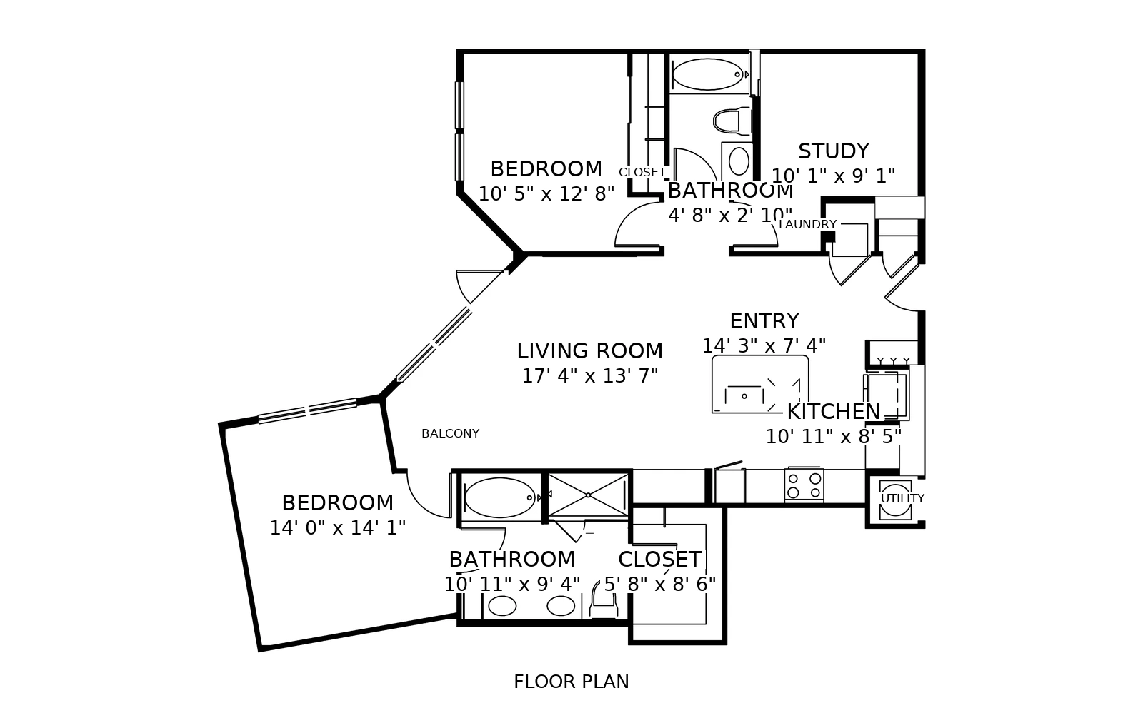 Floor plan of the B2 two bedroom: rooms, doors, windows and fixtures, with the clear dimensions of every room