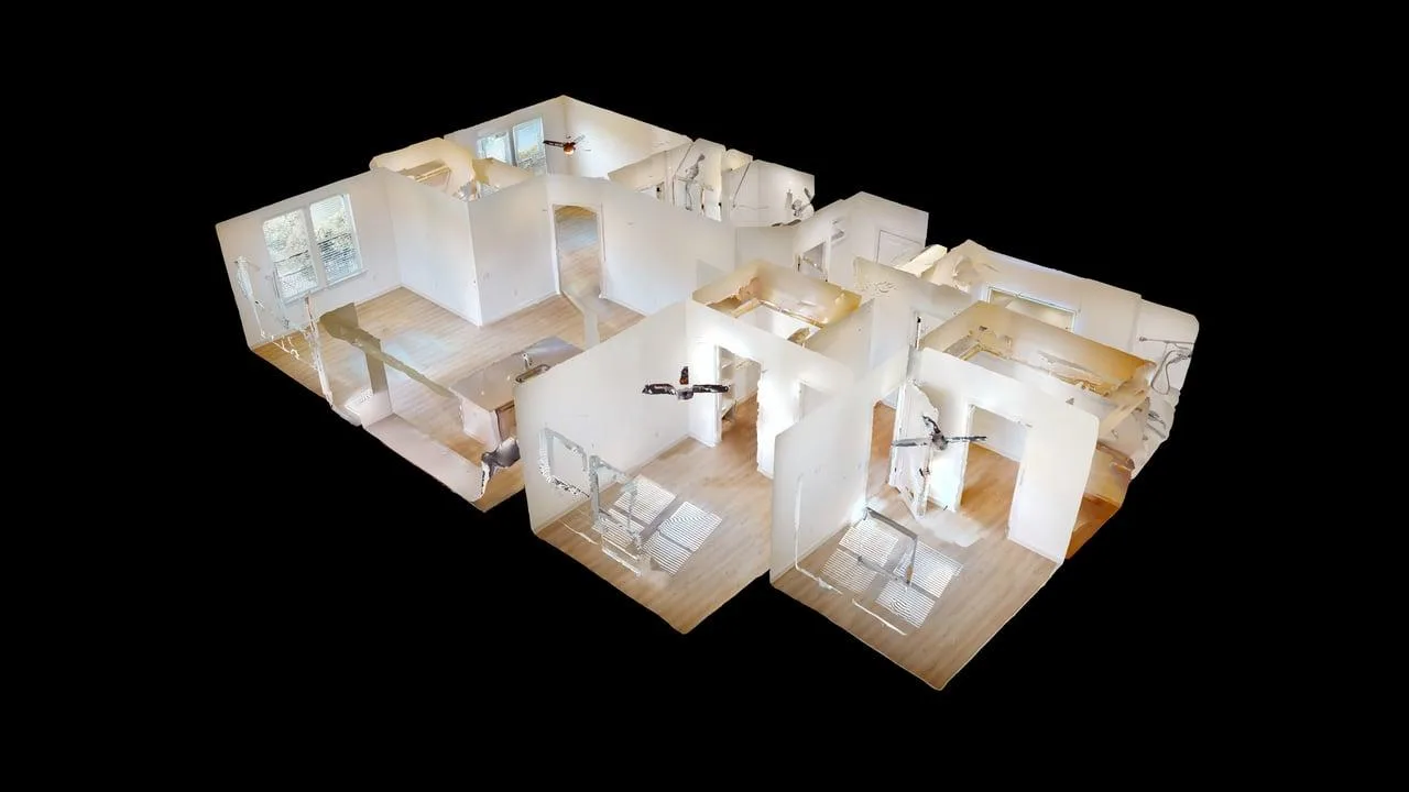 Cut-away dollhouse view of the whole C1 three bedroom plan