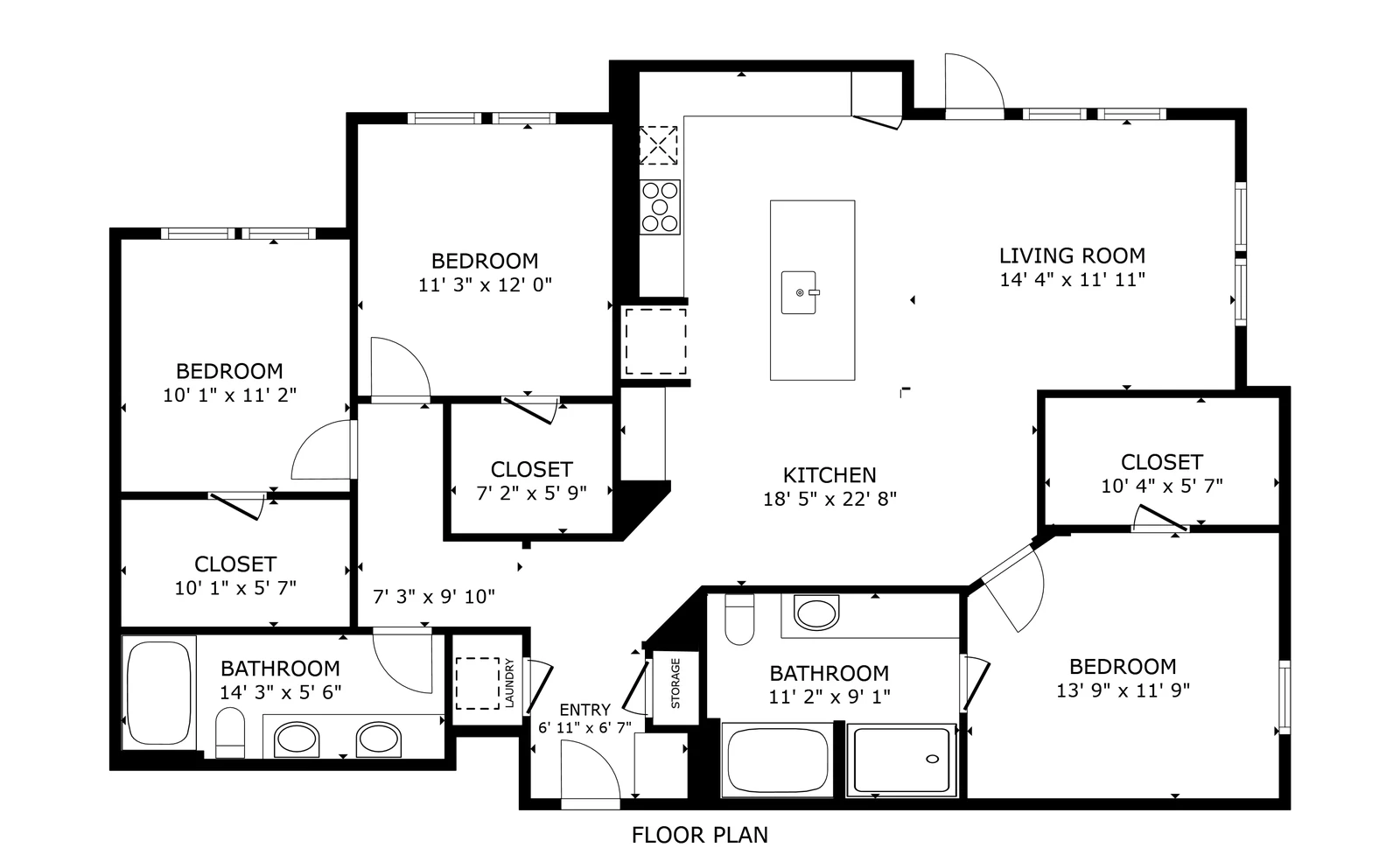 Floor plan of the C1 three bedroom, measured off the finished home, with room labels and dimensions