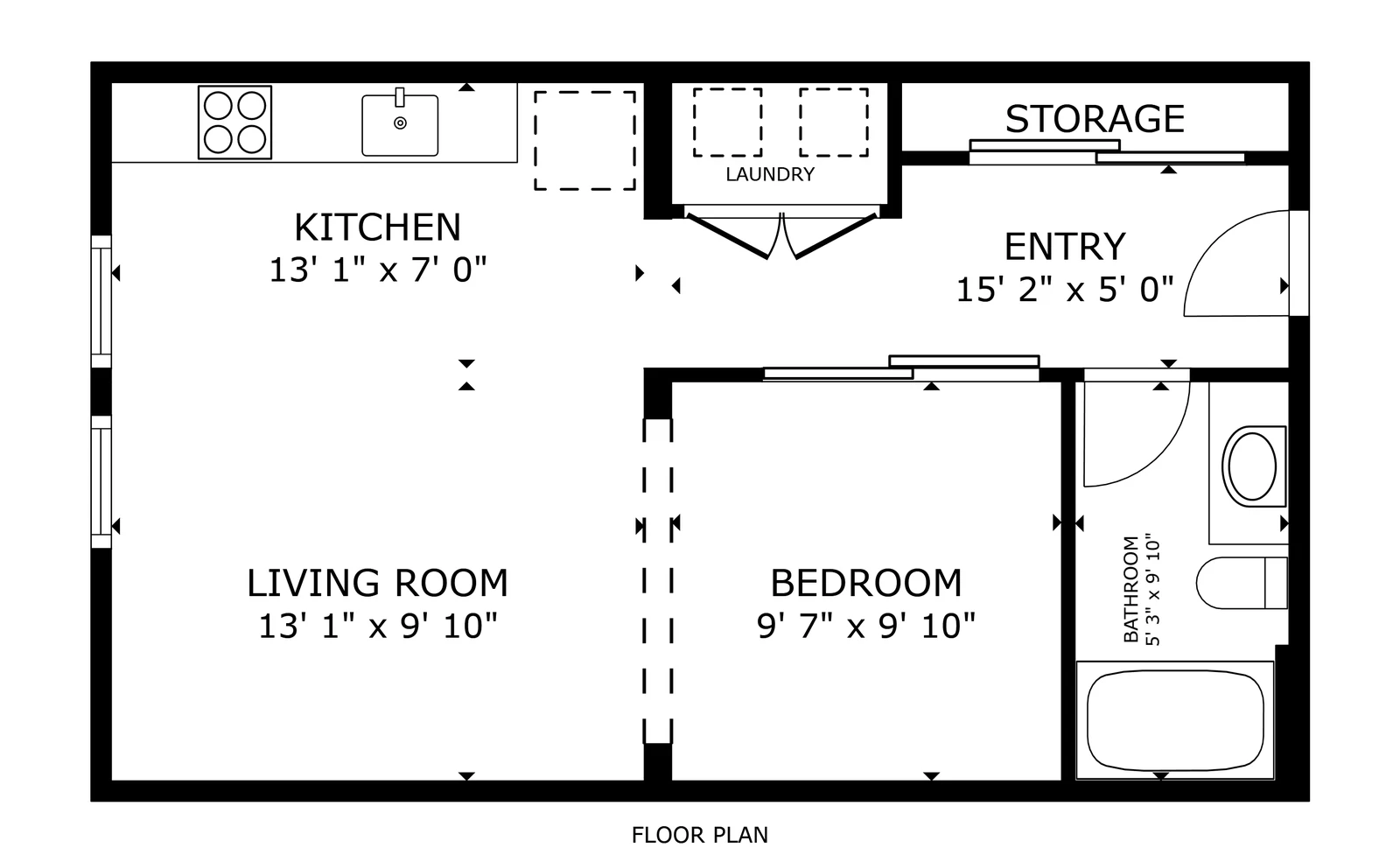 Floor plan of the S1 studio, measured off the finished home, with room labels and dimensions