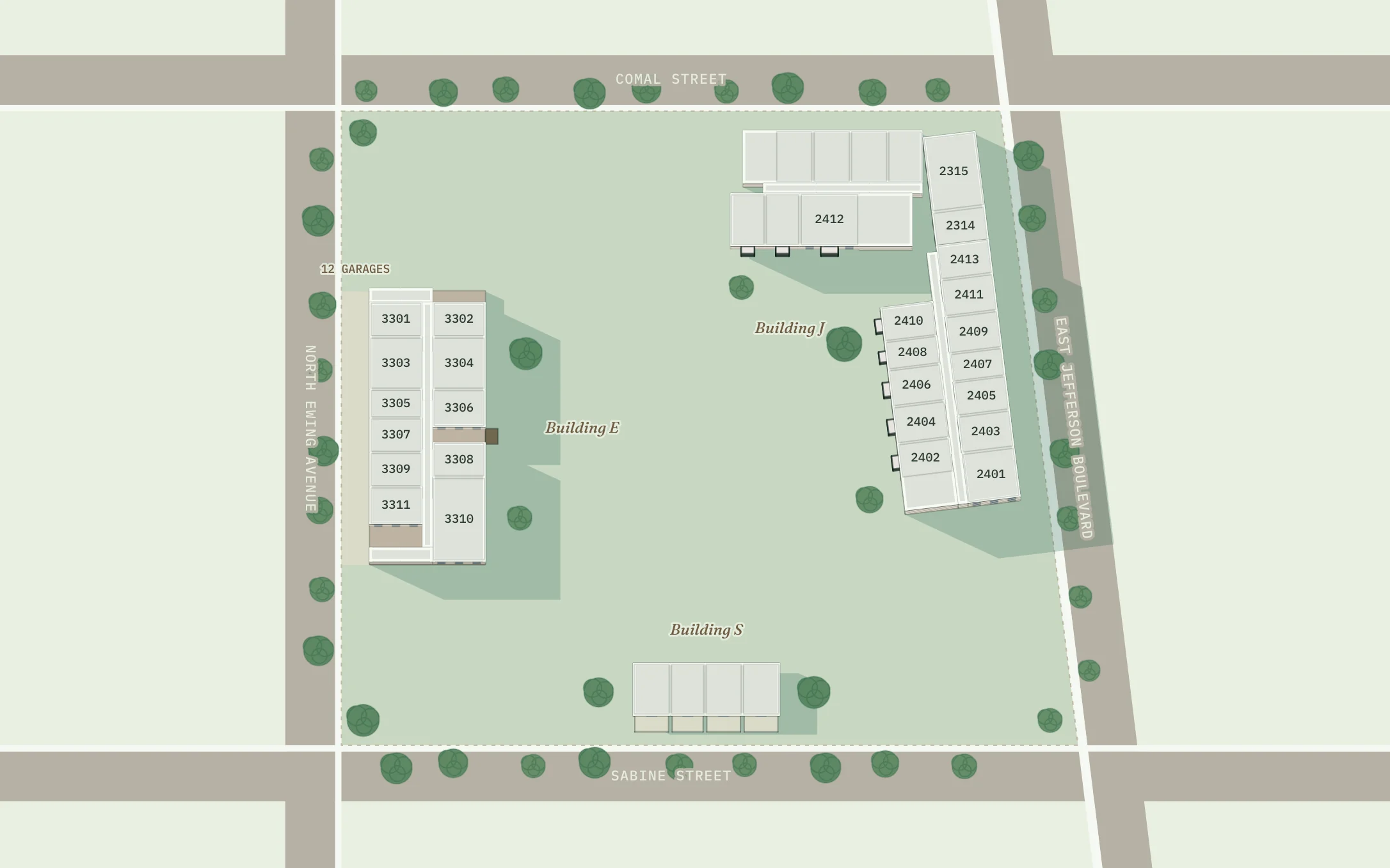 The three buildings at The Parker drawn from above, every home a block, on the block between Comal Street, Jefferson Boulevard, Sabine Street and Ewing Avenue